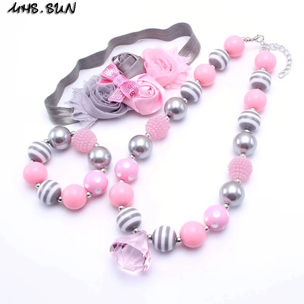 MHS.SUN Pink+Grey Color Kid Bubblegum Chunky Bead Necklace Girl Children Jewelry Set Headband Necklace&ampBracelet | Украшения и