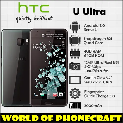 HTC U Ultra 4 Гб ОЗУ 64 ПЗУ четырехъядерный Snapdragon 821 12MP камера NFC Nano SIM быстрое зарядное