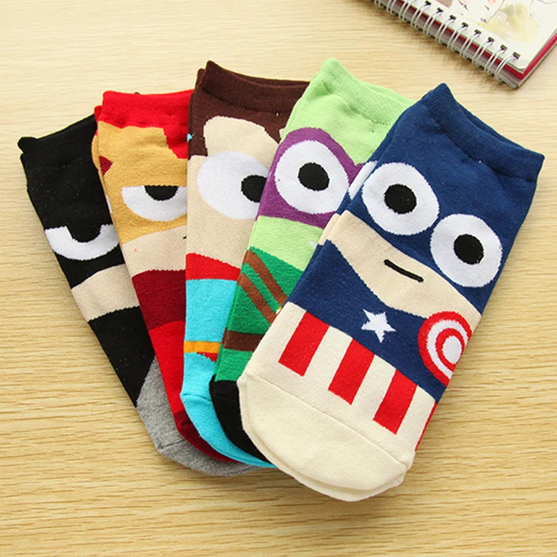 Marvel Iron Man Captain America cartoon socks Spiderman Batman funny personalized men's spring summer comfort cotton ankle sock