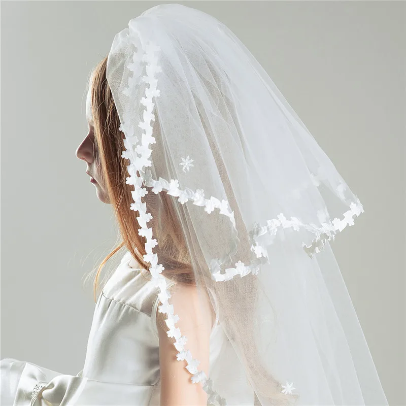 Прекрасный Белый Кружева Аппликация Дети Корона Veil Для Свадьбы Два слой Короткие Девушки Цветка Вуаль Тиара