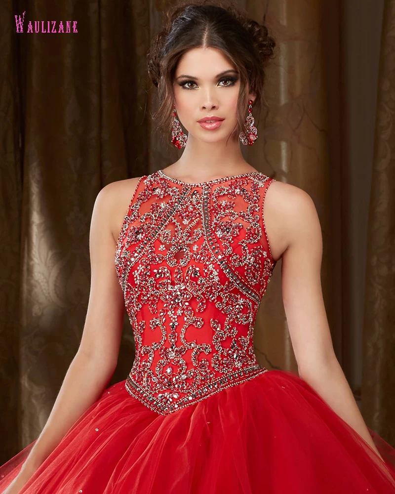 Waulizane 2017 Новый Прибытие Люкс Кристалл С Курткой Красный Quinceanera Платья Sexy Спинки