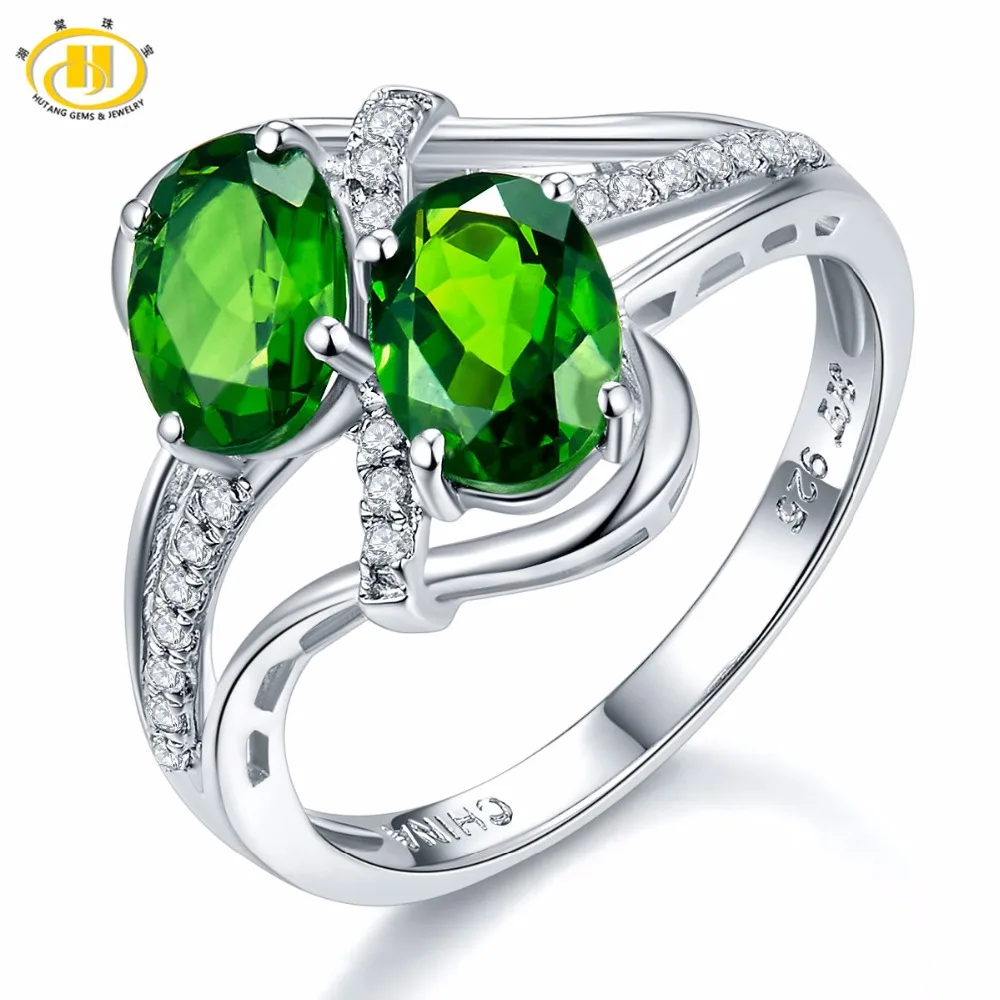 Женское кольцо из серебра 925 пробы с натуральным хром и белым топазом|chrome diopside|fine