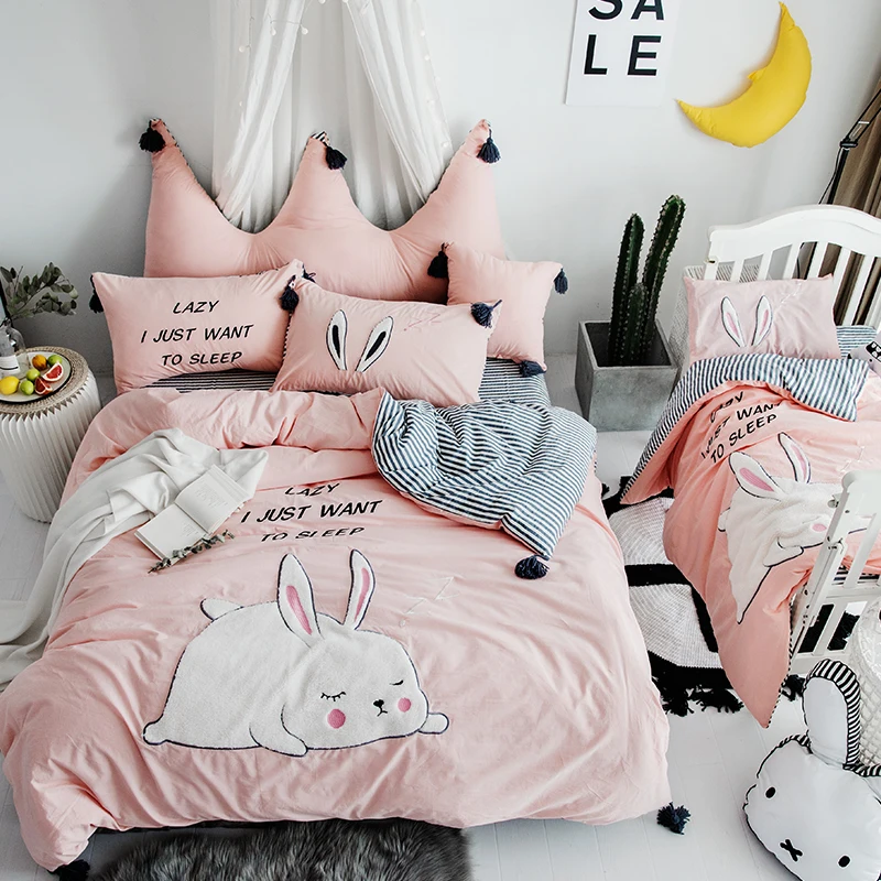 

White Blue Cartoon Cute bedding sets 100%cotton queen king size girls kids bedding set soft bed/fit sheet duvet cover set