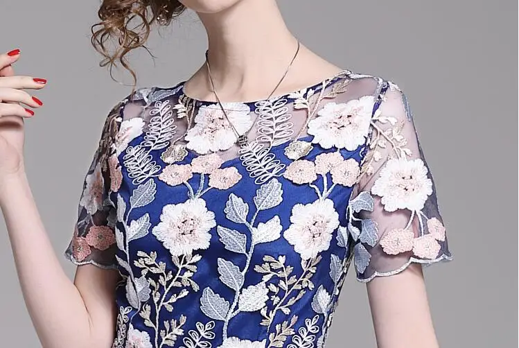Vintage Summer Embroidery Dress Women Runway Vestidos Short Sleeve Big Size A-Line Mesh Holiday Party | Женская одежда
