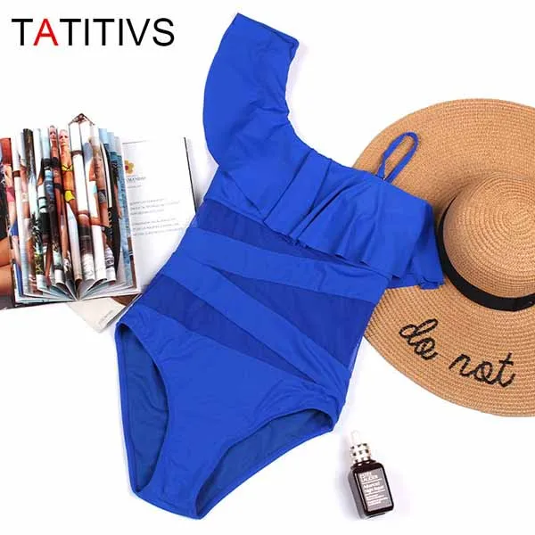 Blue-3 Tativs, сексуальный цельный купальник на одно плечо с рюшами, новинка, Женский Одноцветный купальник, летний сетчатый купальник, боди, пляжный купальный костюм - Цвет: Blue-3
