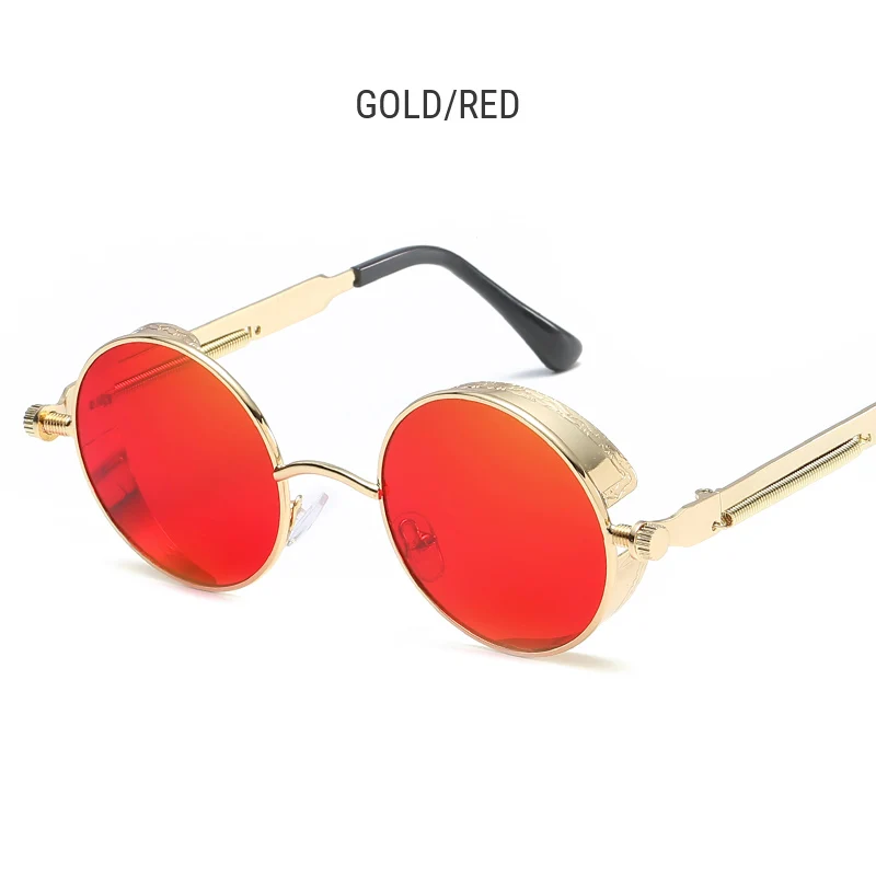 gold-red Синие круглые стимпанк Солнцезащитные очки для мужчин и женщин, фирменный дизайн, готические защитные очки в стиле стимпанк, Ретро металлическая оправа, панк солнцезащитные очки - Цвет линз: gold-red