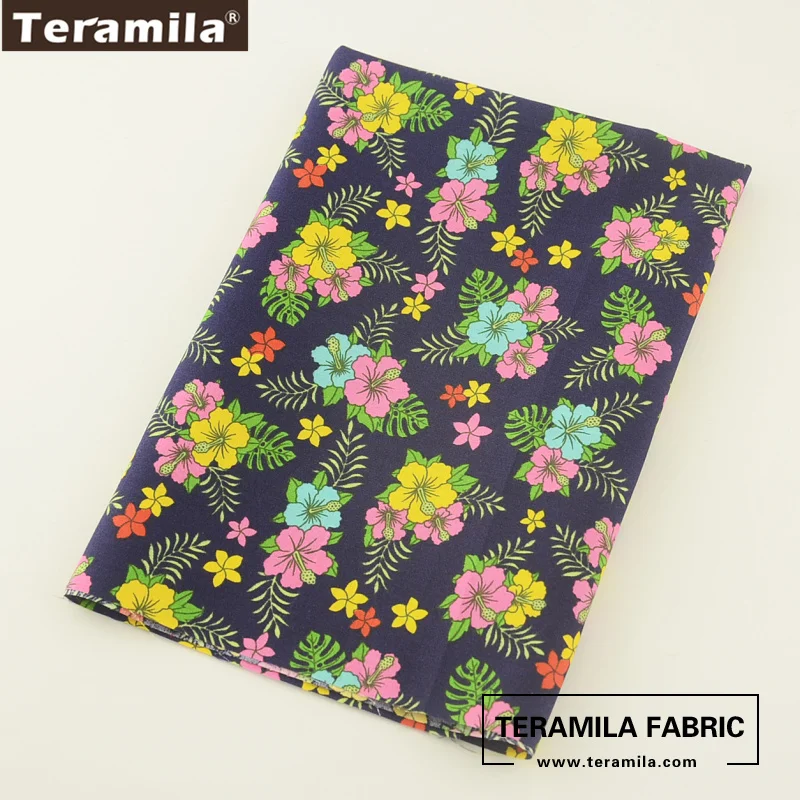 Teramila Cotton Poplin Fabric Printed Wild Flower With Leaves Design Fat Quarter Meter Navy Quilting Decoration Shirt Crafts|cotton poplin|cotton