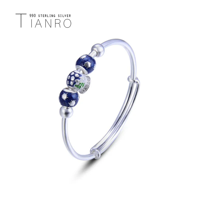 TIANRO 990 полностью серебряный браслет корейская мода синий из бисера женский с