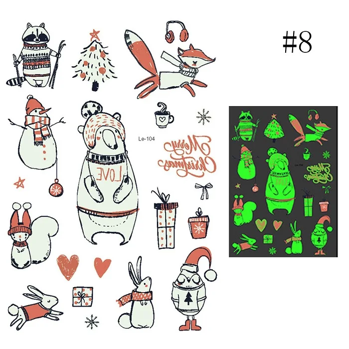 8 Luminous Temporary Waterproof Tattoo Sticker Snowman Santa Claus Deer Arm Body Art Fluorescent Stickers Christmas Decorations - Цвет: 8