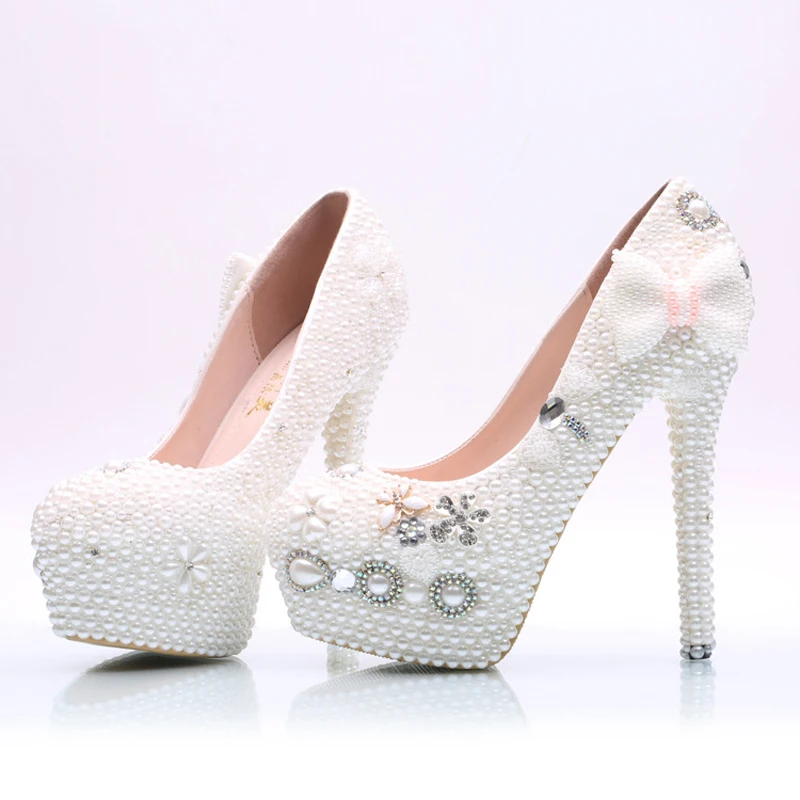 Handmade Women High Heel Shoes White Pearl Wedding Party with Bowtie Nightclub Rhinestone Prom Pumps Bridal | Обувь