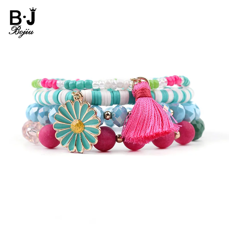 BOJIU Cute Rubber Acrylic Crystal Charm Bracelets Women Sky Blue Pink Green Red Beads Flower Tassel Set BCSET208 | Украшения и
