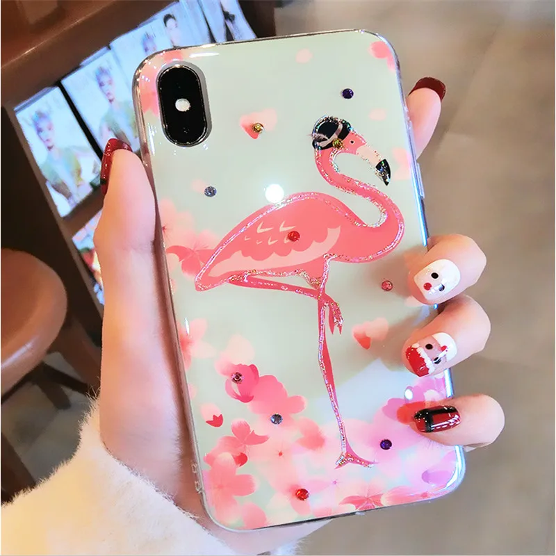 IMIDO Glitter Flamingo Phone case For iPhone 6 7 Plus Leaves Flower Jewelled Epoxy Soft Silicone 8 X back cover |