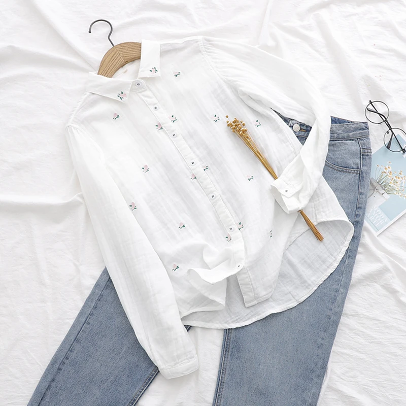 

Women's Fresh Style Cotton Shirts Spring Autumn Simple Floral Embroidery Long Sleeve Loose Blouses Female All Match Basic Blusas