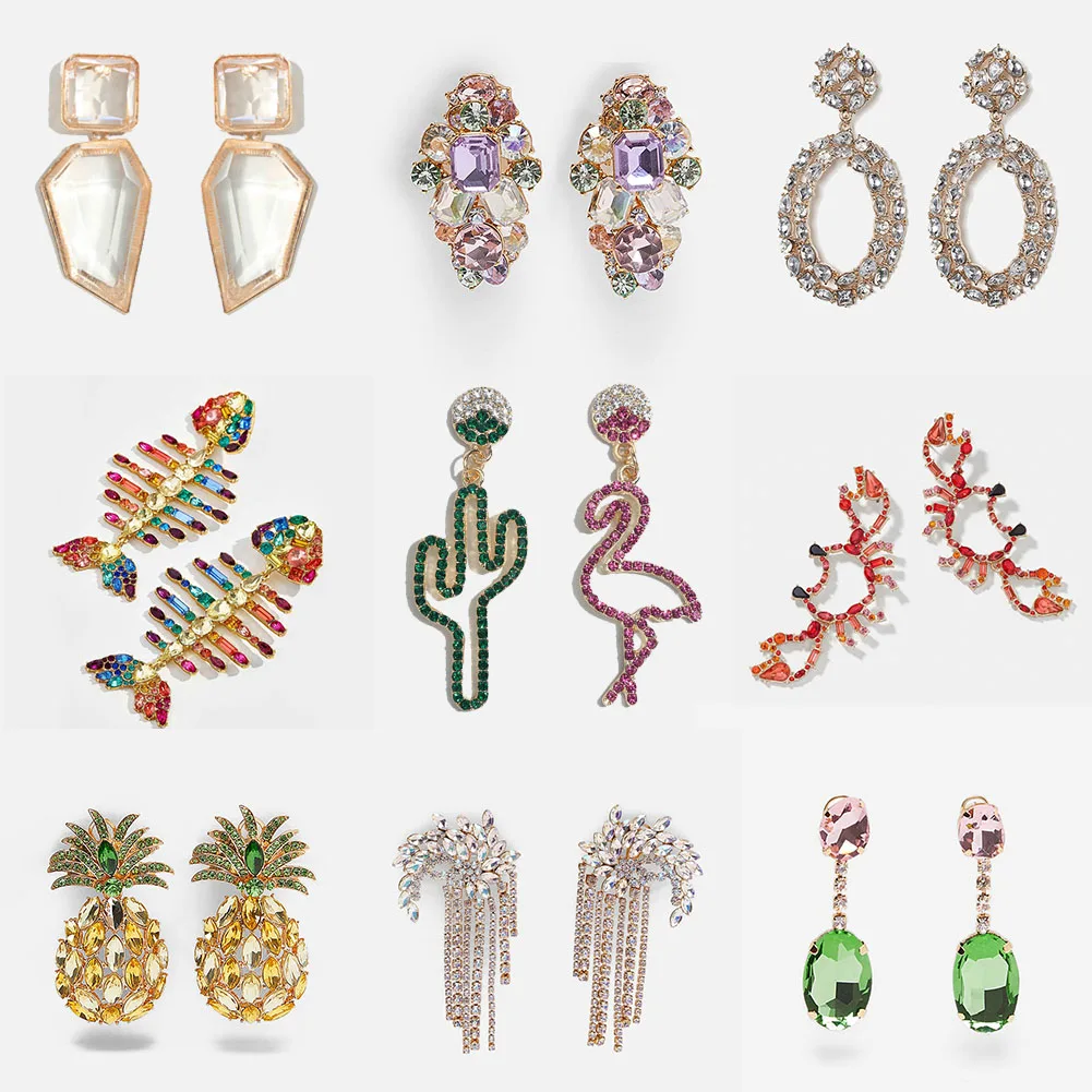 JUST FEEL New Design Unique Crystal Dangle Earrings Fashion Women Pineapple Statement Cactus Fringed Bird Drop Earring Bohemian | Украшения