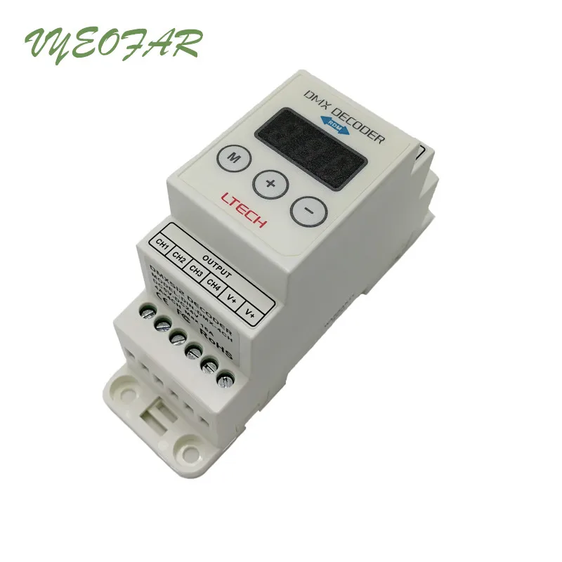 DIN-DMX-4CH; 4CH контроллер dmx; DC5-24V вход; 4A* 4CH выход 4 канала DMX512 Светодиодная лента декодер