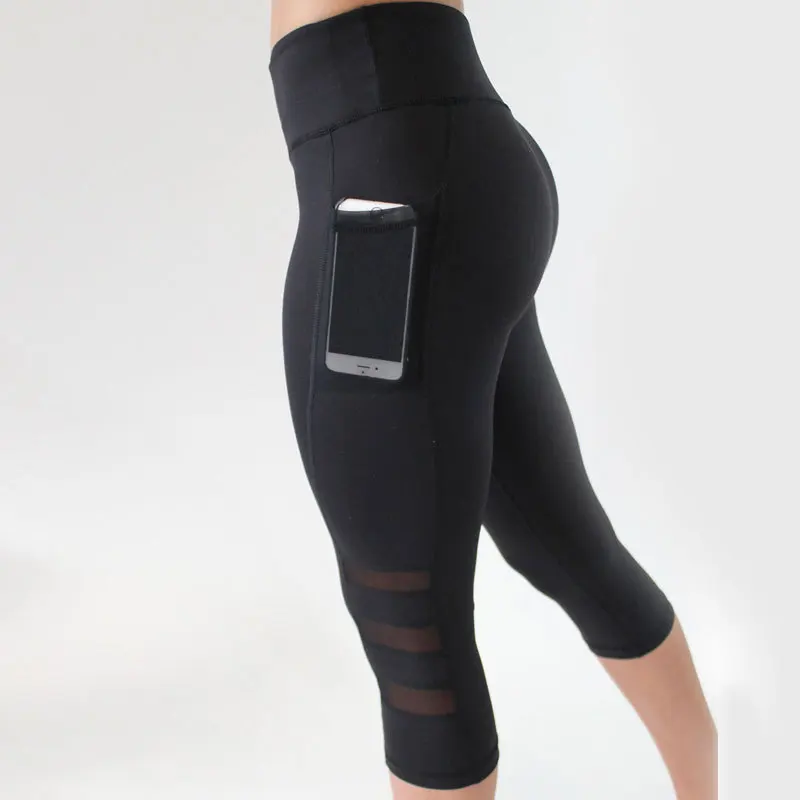Black Gymshark Women Legging Ptachwork Mesh Black Capri Leggings Plus Size Sexy Fitness Sporting Pants with Pocket Mid-Calf Trousers - Цвет: Black