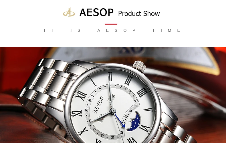 Aesop часы мужские роскошные Moon Phase кварцевые наручные часы из нержавеющей стали мужские часы водонепроницаемые Relogio Masculino