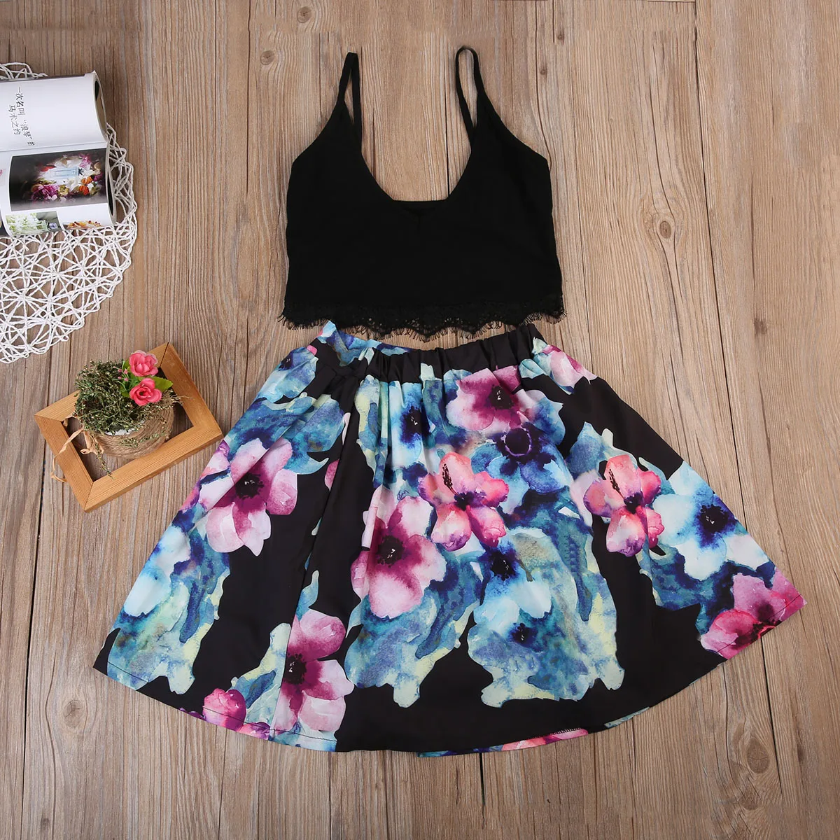 Семейная одежда Pudcoco летний женский короткий топ без рукавов + юбка с цветочным