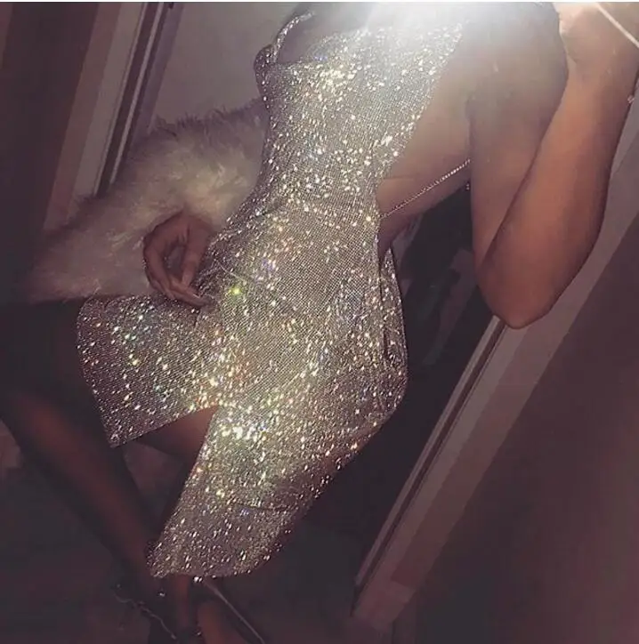 

Hand-Made Gold Sliver Sparkle Sexy Open Back Choker Neck Sequins Dress Glitter Side Slit Diamond Party Dress Nightclub Vestido