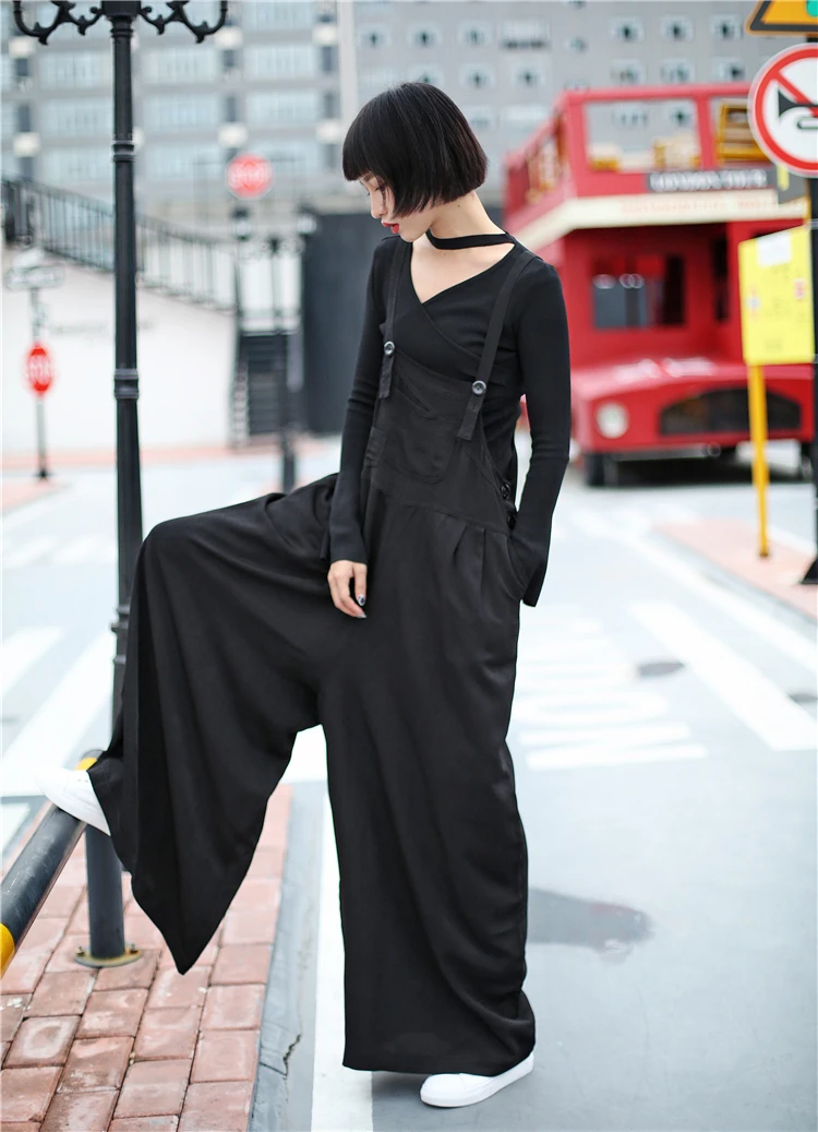 Женский комбинезон с широкими штанинами Cakucool однотонный черный повседневный