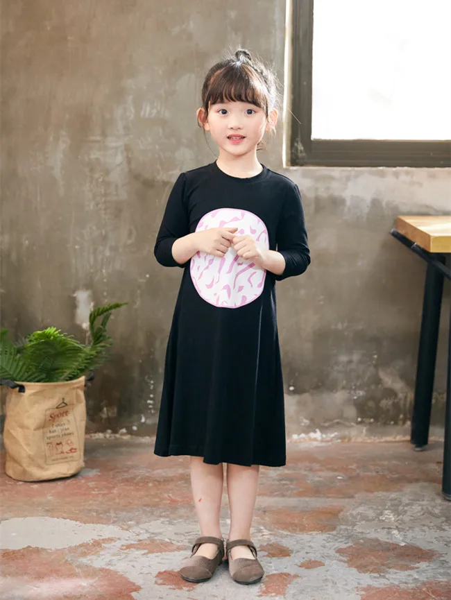 3 to 12 years kids &amp teenager girls half-sleeve geometric print cotton casual fall summer flare tee dress black gray dresses | Детская
