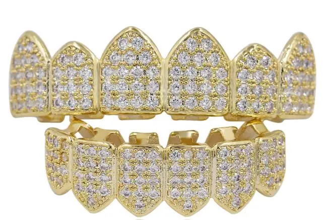 gold set Хип-хоп медные чайные грилли набор микро проложили кубический циркон сверху и снизу TeethGrillz Прямая поставка - Окраска металла: gold set
