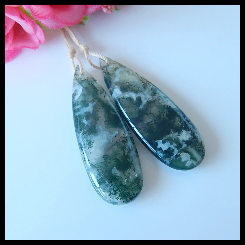 Natural Moss Agate Stone Woman fashion Earring bead sets Semiprecious stones charms jewelry 45x15x6mm 11.7g | Украшения и