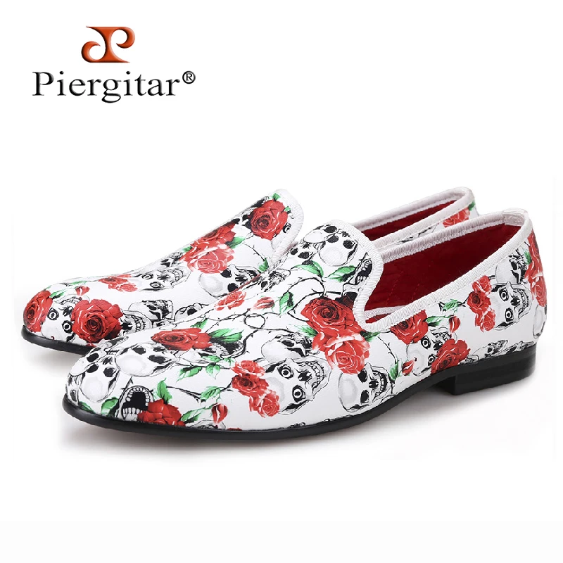 Piergitar 2017 New style Skull and Flowers Prints white color men shoes Fashion smoking slipper Wedding Party men's loafers | Обувь