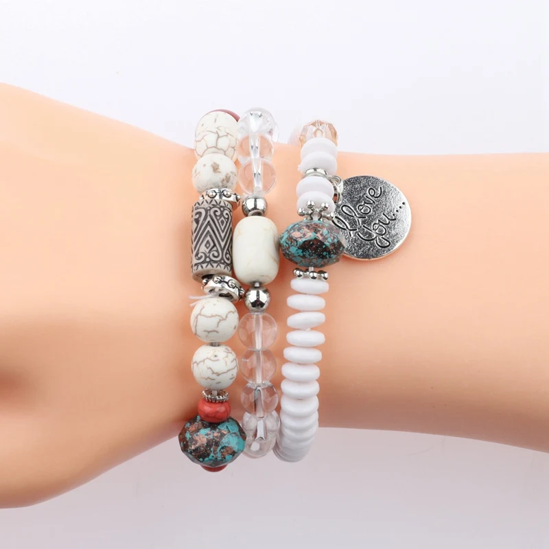 OIQUEI Fashion Jewelry 3PCS/Set Bohemian Vintage Womens Bracelets Multilayer Natural Stone Beads Charm Bracelets For Women