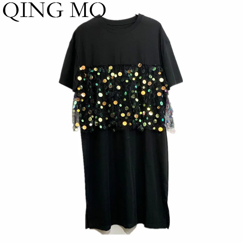 QING MO Women Black Sequin Dress Summer T Shirt Short Sleeve Knee-Length 2020 Hot ZQY1067 | Женская одежда