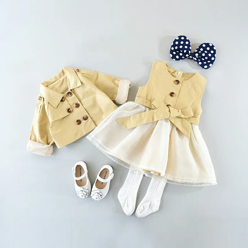 2018 New Spring Children Girls Clothing Sets EarlyAutumn Clothes England Style Coat Trench+Princess Dress Baby Kids 2 Pcs Suits | Детская