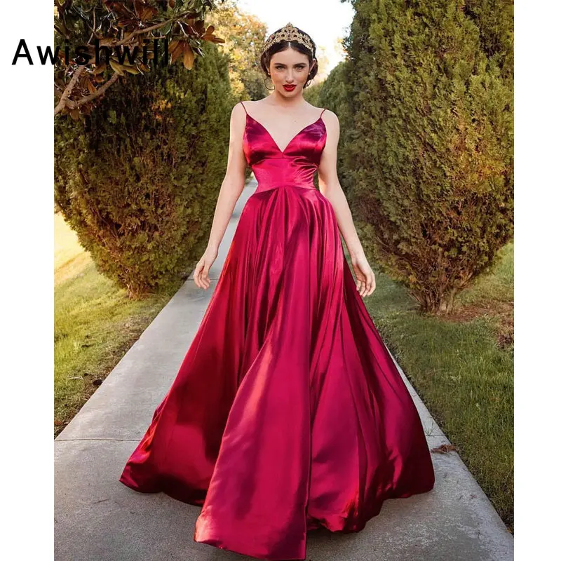 

Charming Long Prom Dresses Satin Backless A-line Elegant Spaghetti Straps Floor-length Party Evening Dress Formal Gowns
