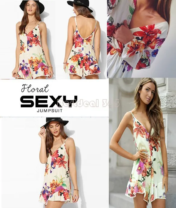 New Desgin Women Summer Floral Print Shorts Playsuit Bodysuit Rompers Womens Sexy Deep V-Neck Chiffon Jumpsuit B22 CB030747 |