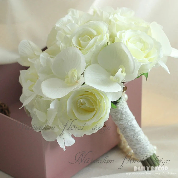 

New artificial white rose Hydrangea Phalaenopsis silk flowers wedding bridal bouquet bride holding flower Bridesmaid bouquet