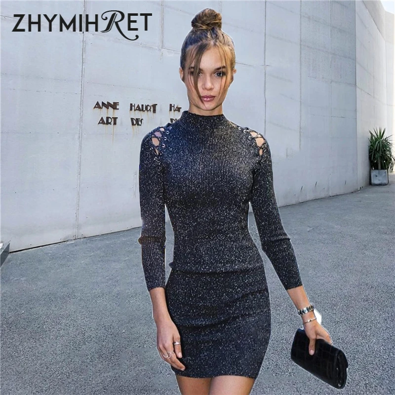 Женское платье с люрексом zhymifret облегающее мини длинным рукавом и высоким