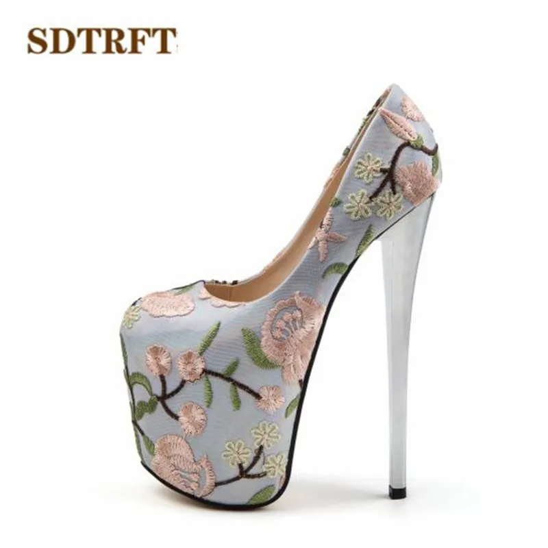 

SDTRFT Spring Sliver Round Toe 20cm Thin High-Heeled sexy club pumps woman Embroidery wedding shoes Stilettos Plus:34-45 46 47