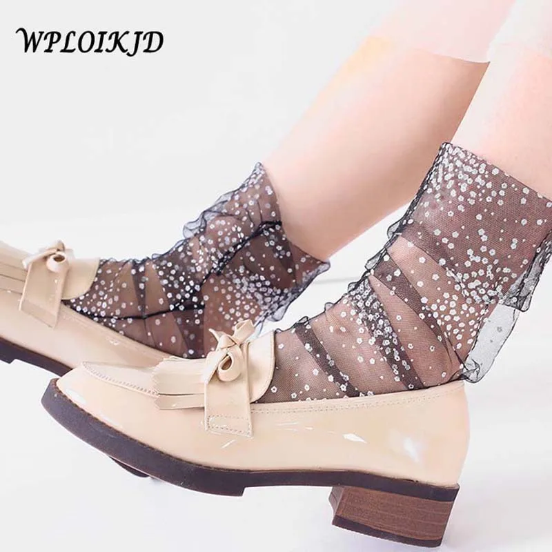 [WPLOIKJD]Fairyism Moda Mujer 2018 прозрачные блестящие шелковые кружевные сетчатые носки в