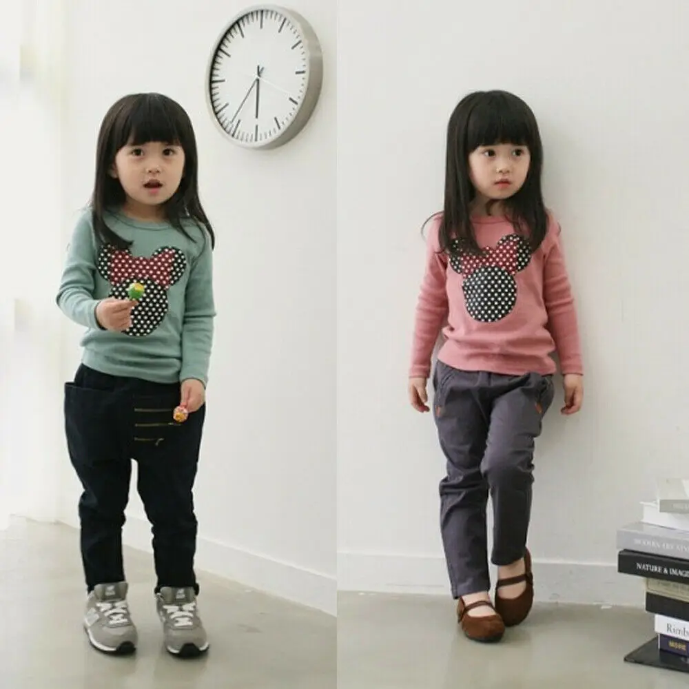 Милые детские футболки с рисунками из мультфильмов; Повседневная футболка в горошек с длинными рукавами для маленьких девочек; блузка; топы; От 2 до 6 лет