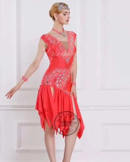 red customize custom back cutout Rumba cha salsa tango Latin dance competition dress with beads | Тематическая одежда и
