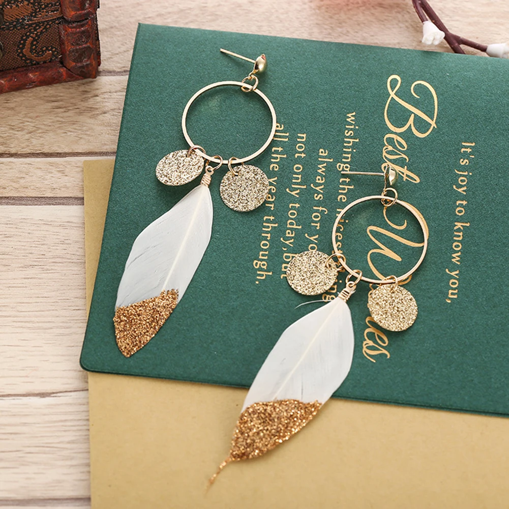 Женские длинные серьги с перьями 1 пара блестящих сережек круглой формы