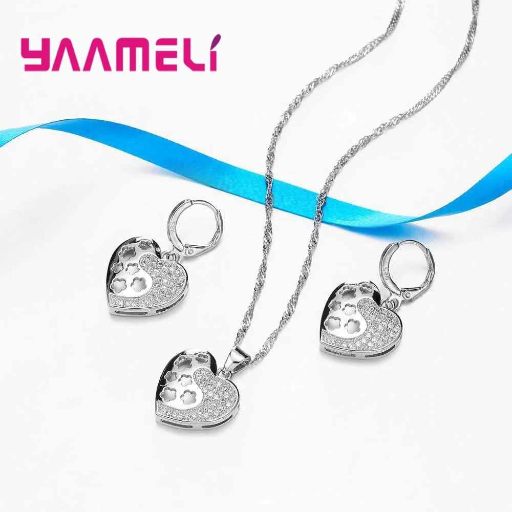 

YAAMEL New Arrival Hollow Heart Jewelry 925 Sterling Silver Necklace Earrings Set Gift For Women Girls Party Birthday Wholesale