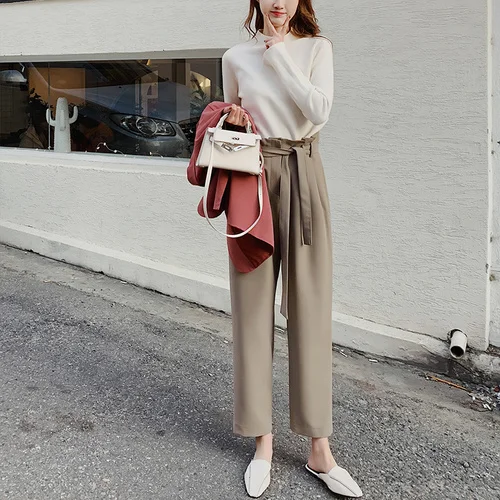 Pantalon Femme 2019 осенние офисные женские широкие длинные брюки с высокой талией Прямые