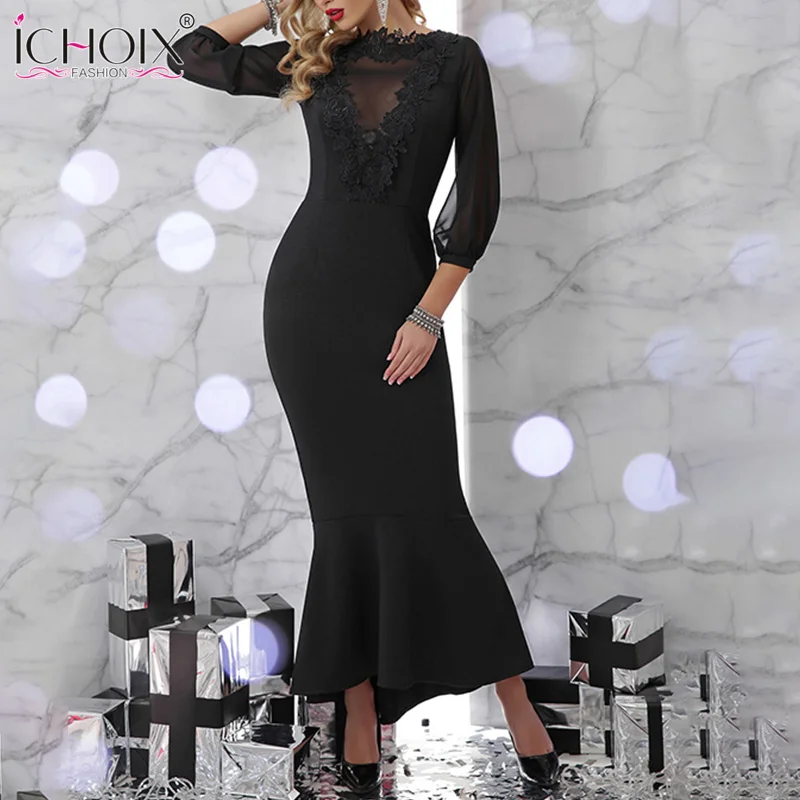 Осень 2019 женское длинное платье сексуальное элегантное вечернее кружевное
