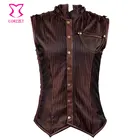 Коричневый полосатый воротник-стойка, мужская куртка без рукавов, винтажный корсет в стиле стимпанк со стальными косточками, жилет, куртка, одежда в готическом стиле, мужской жилет