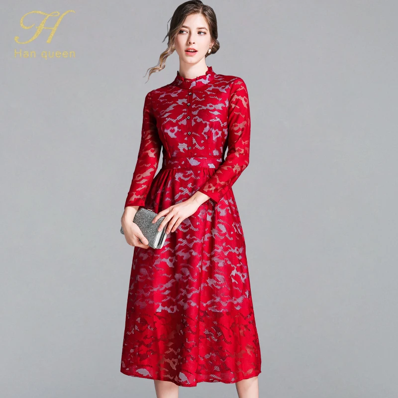 RED H Han queen открытое жаккардовое кружевное платье для женщин, летние винтажные тонкие сексуальные вечерние платья на каждый день размера плюс, а-силуэт, офисные платья - Цвет: RED