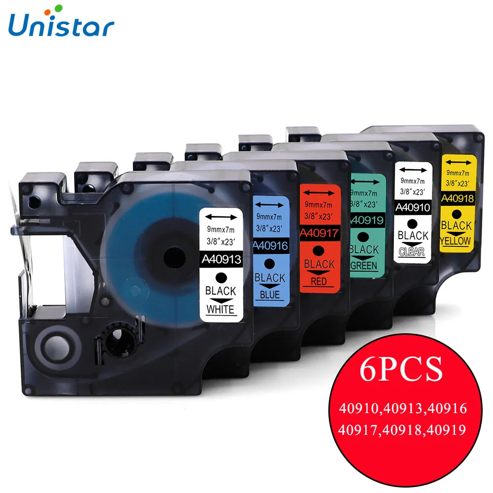 

Unistar 6pcs Compatible for Dymo Label Tape 9mm 40910 40913 40916 40917 40918 40919 Label Printer Ribbons for Dymo Label Maker