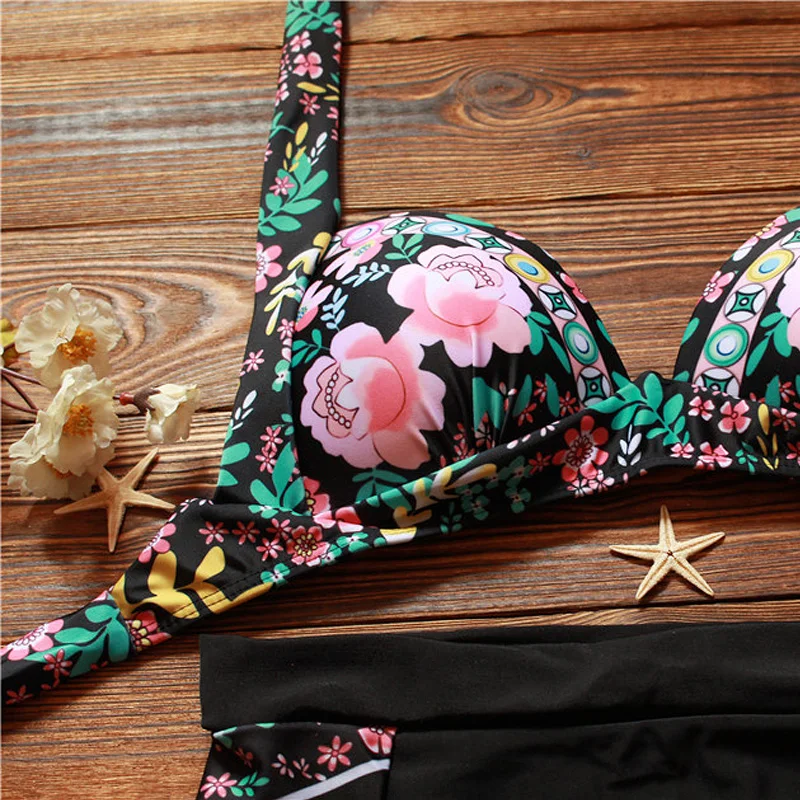 Vintage Womens High Waist Bikinis Swimsuit 2018 Halter Backless Push Up Biquini Swimwear Female Print Hot Beach Bathing Suit |