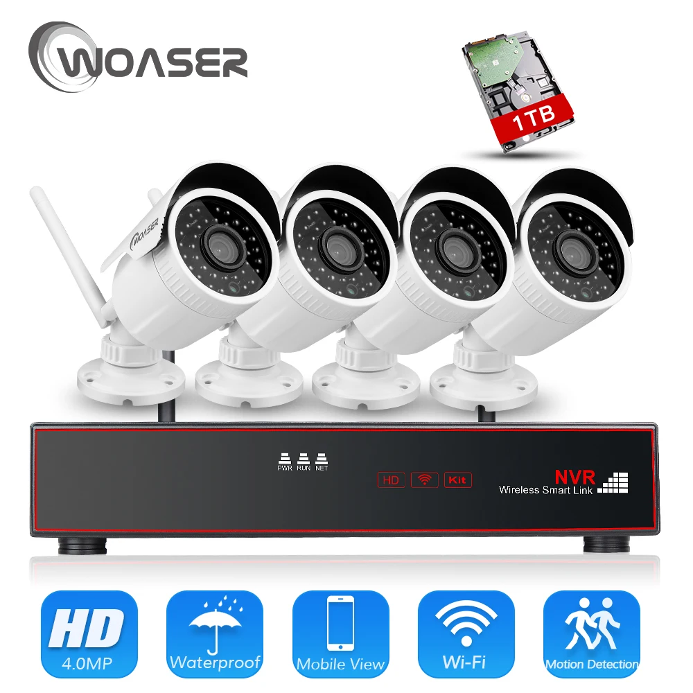 Woaser 4.0mp H.265 plug and play 4ch Беспроводной NVR комплект P2P HD Открытый ИК 36leds Ночное Видение