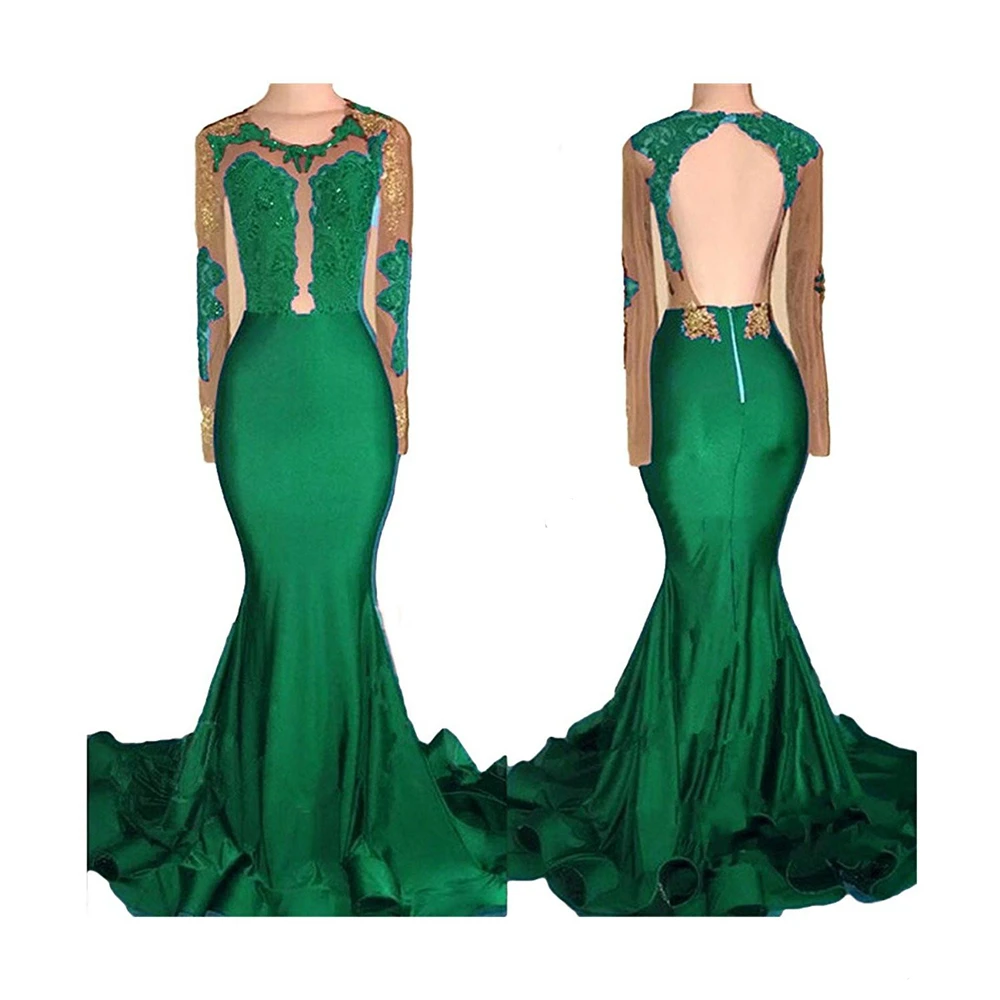African Black and Gold Mermaid Prom Dress Long Sleeves Open Back Appliques Beads See Through Burgundy Evening Gowns | Свадьбы и