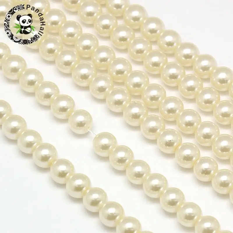 Beige PANDAHALL 6 мм, 8 мм, 10 мм, экологичное окрашенное стекло, жемчужные круглые бусины, хлопковый шнур, резьбовое отверстие: 0,7~ 1,1 мм, 15 дюймов - Цвет: Beige